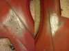 The corroded interior of the fender was acid-etched. I can't weld it because the fender surface will be wavy. I fixed it by tinning. But I wasn't entirely satisfied with the effect - I removed the tin and repaired it with another method.